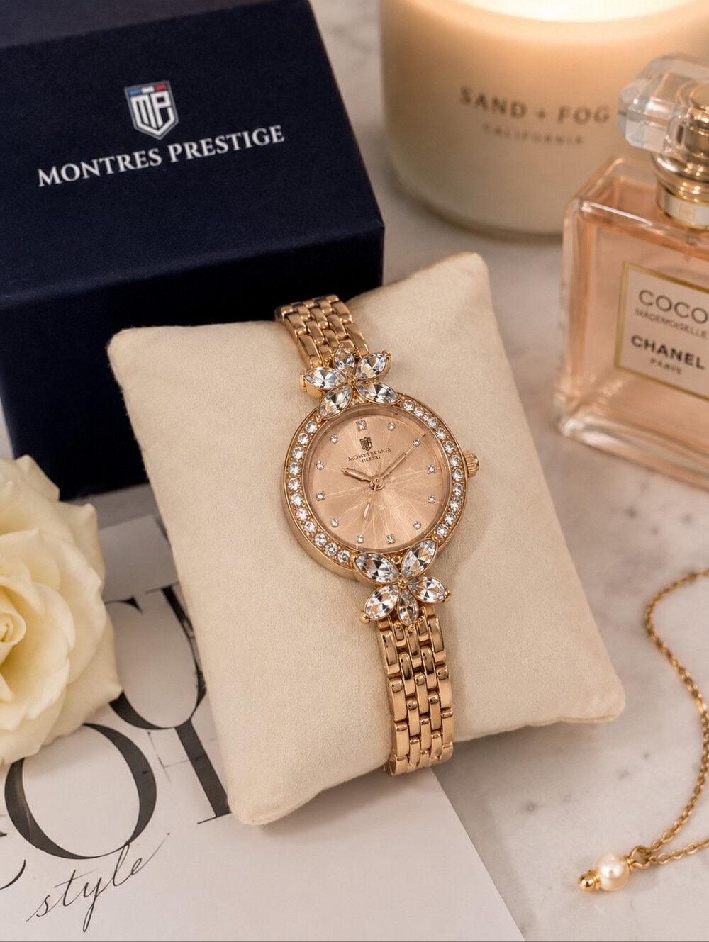 Montres Prestige Women's Rose Gold Crystal Bracelet Watch